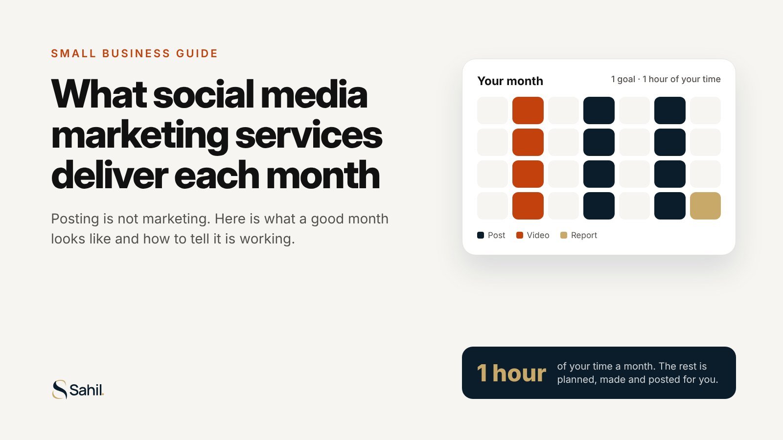 Small business guide cover with a monthly content calendar of posts, videos and a report